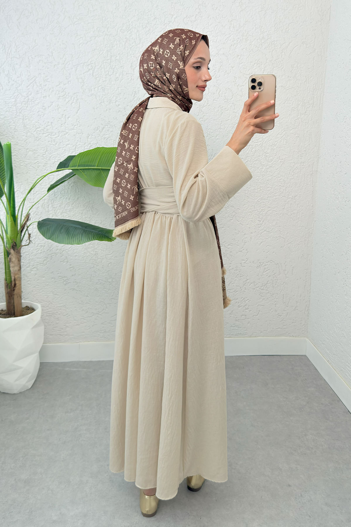 Kuşaklı Çapraz Yaka Elbise 2304 - BEJ |  