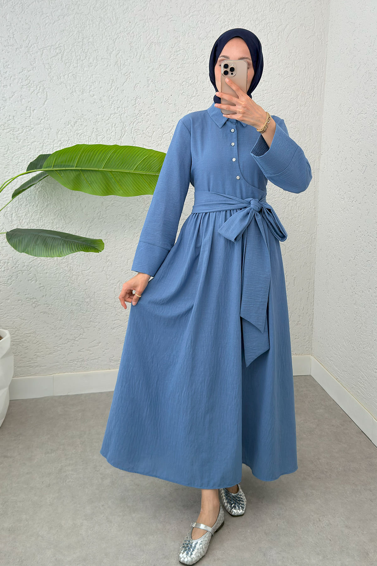 Kuşaklı Çapraz Yaka Elbise 2304 - İNDİGO |  