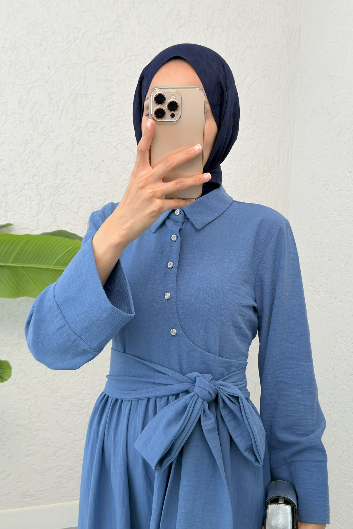 Kuşaklı Çapraz Yaka Elbise 2304 - İNDİGO |  