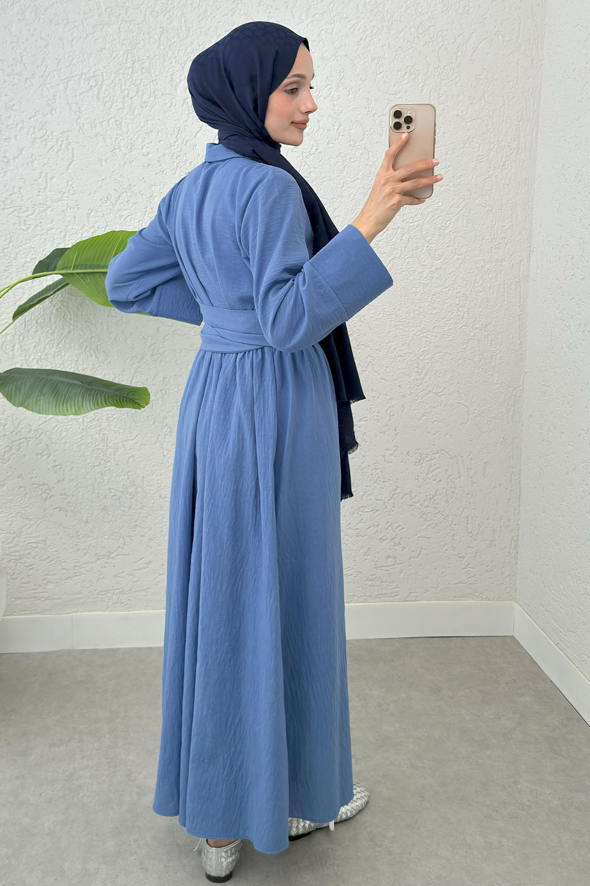 Kuşaklı Çapraz Yaka Elbise 2304 - İNDİGO |  