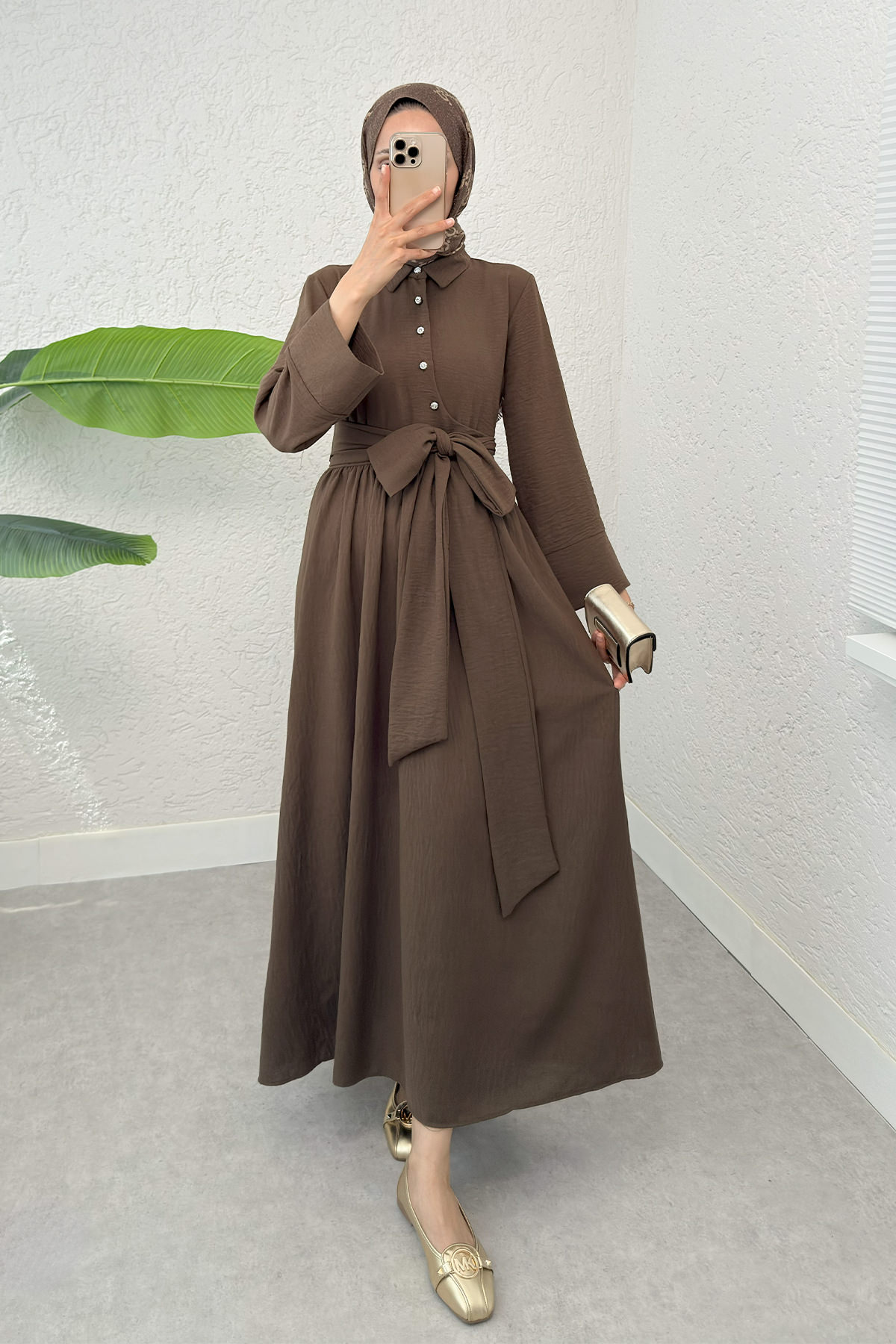 Kuşaklı Çapraz Yaka Elbise 2304 - KAHVERENGİ |  