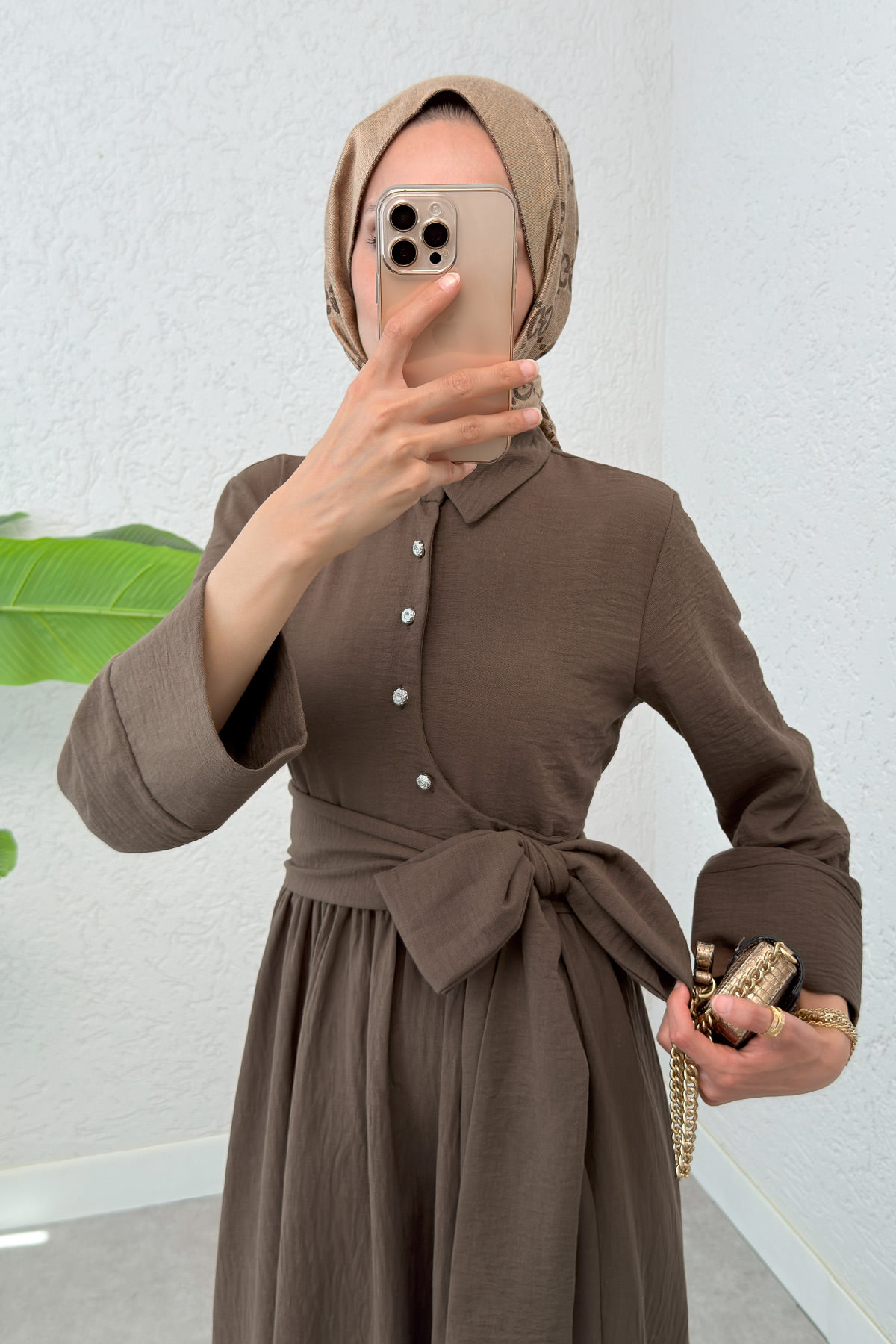 Kuşaklı Çapraz Yaka Elbise 2304 - KAHVERENGİ |  