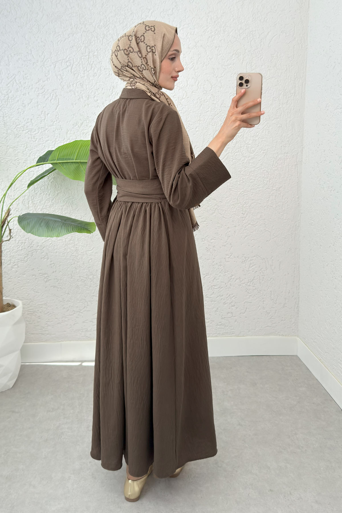 Kuşaklı Çapraz Yaka Elbise 2304 - KAHVERENGİ |  