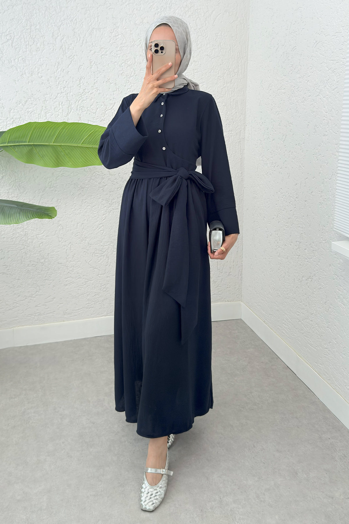 Kuşaklı Çapraz Yaka Elbise 2304 - LACİVERT |  