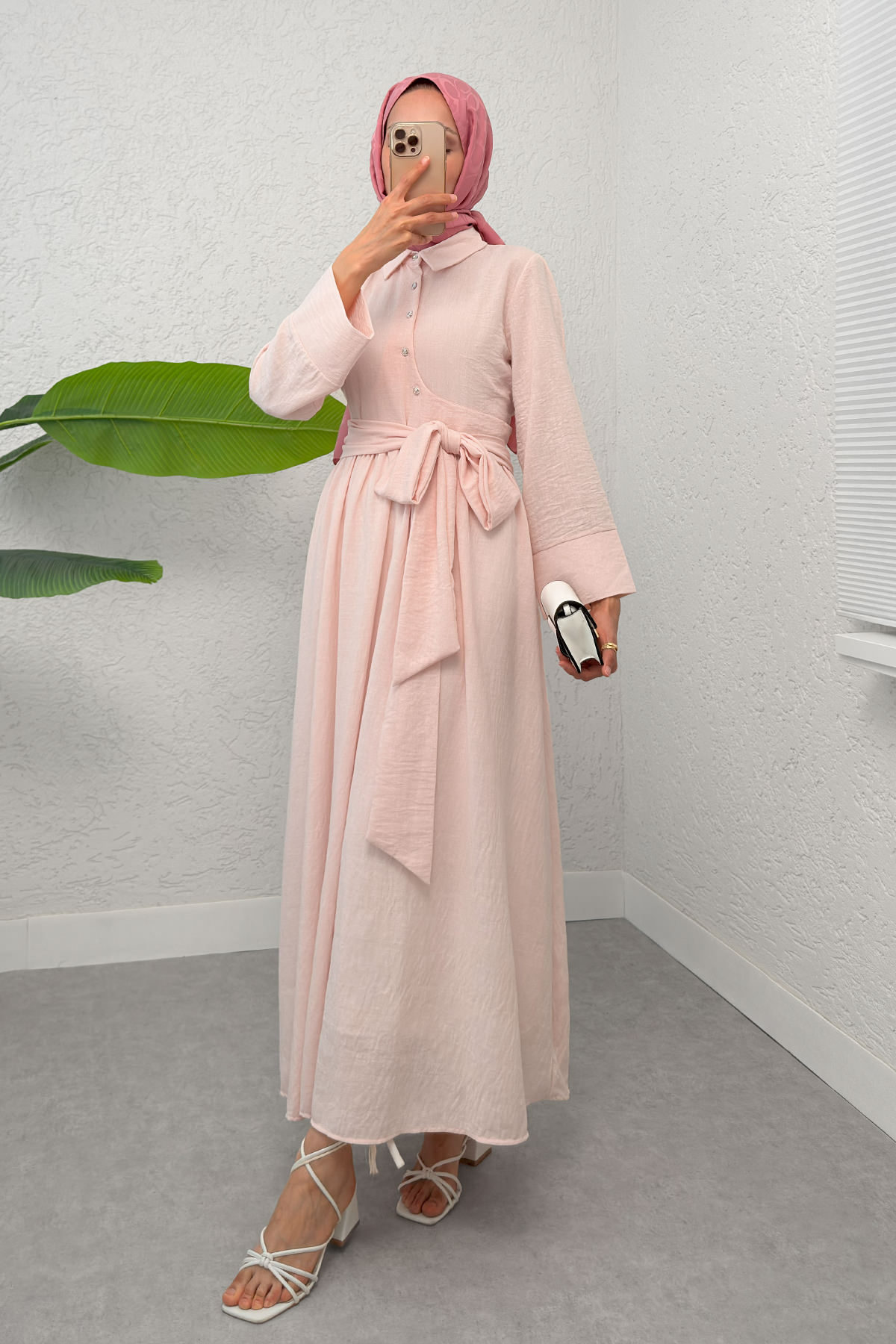 Kuşaklı Çapraz Yaka Elbise 2304 - PUDRA |  