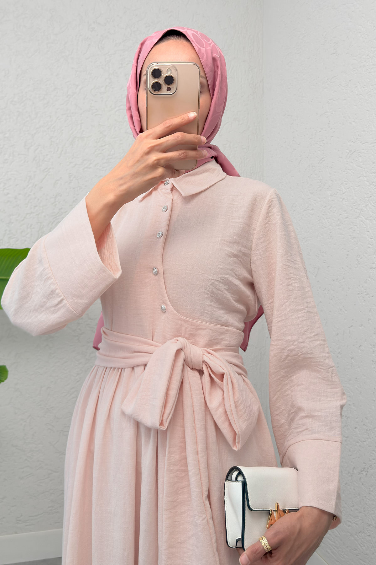 Kuşaklı Çapraz Yaka Elbise 2304 - PUDRA |  