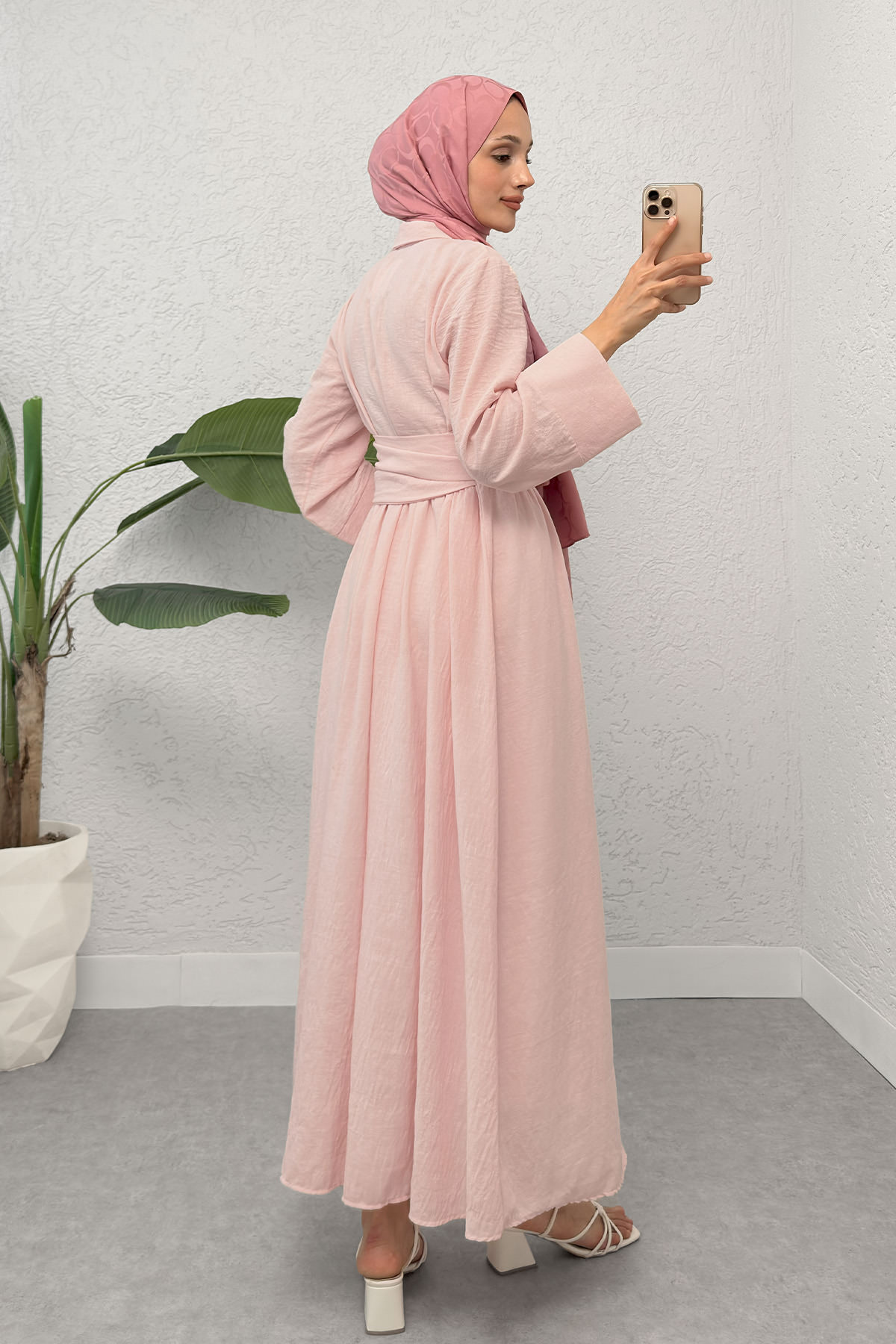 Kuşaklı Çapraz Yaka Elbise 2304 - PUDRA |  