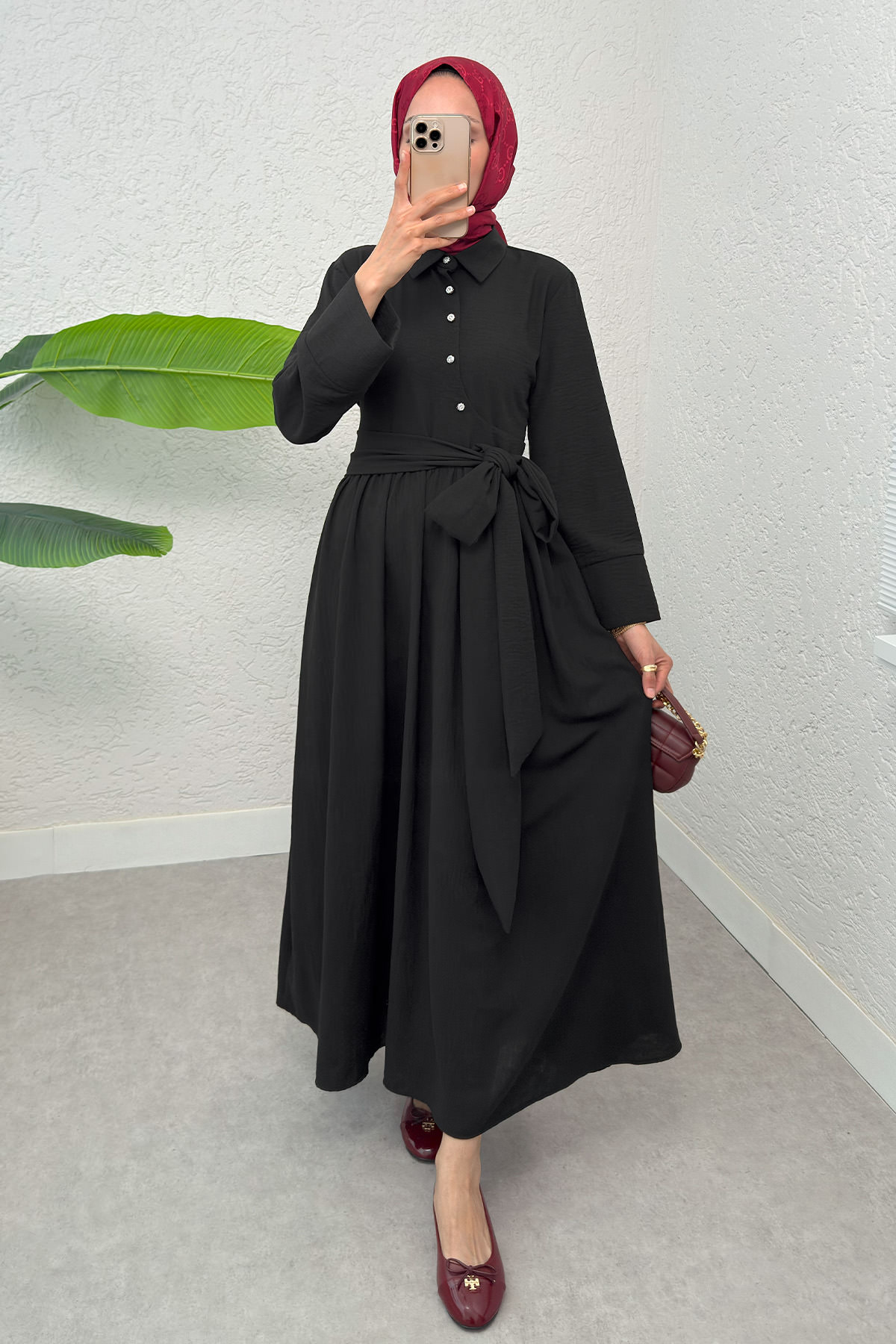 Kuşaklı Çapraz Yaka Elbise 2304 - SİYAH |  