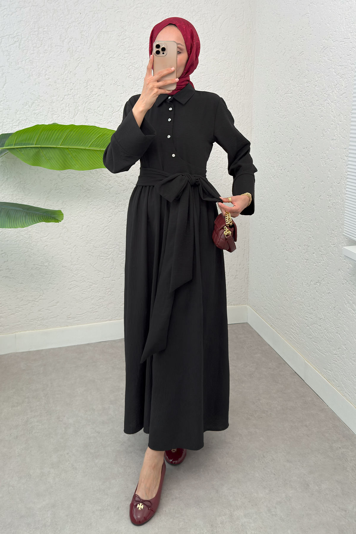 Kuşaklı Çapraz Yaka Elbise 2304 - SİYAH |  