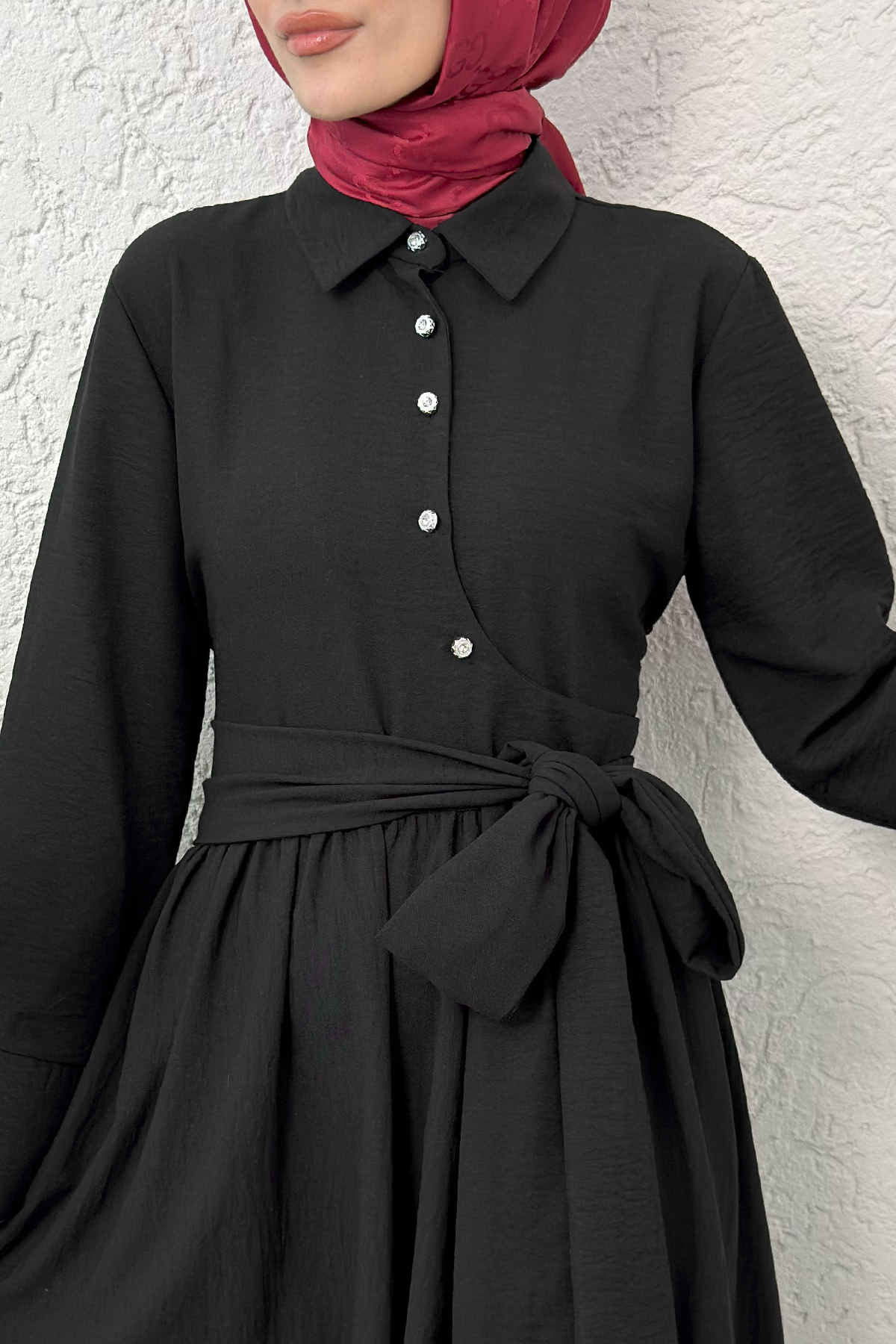 Kuşaklı Çapraz Yaka Elbise 2304 - SİYAH |  