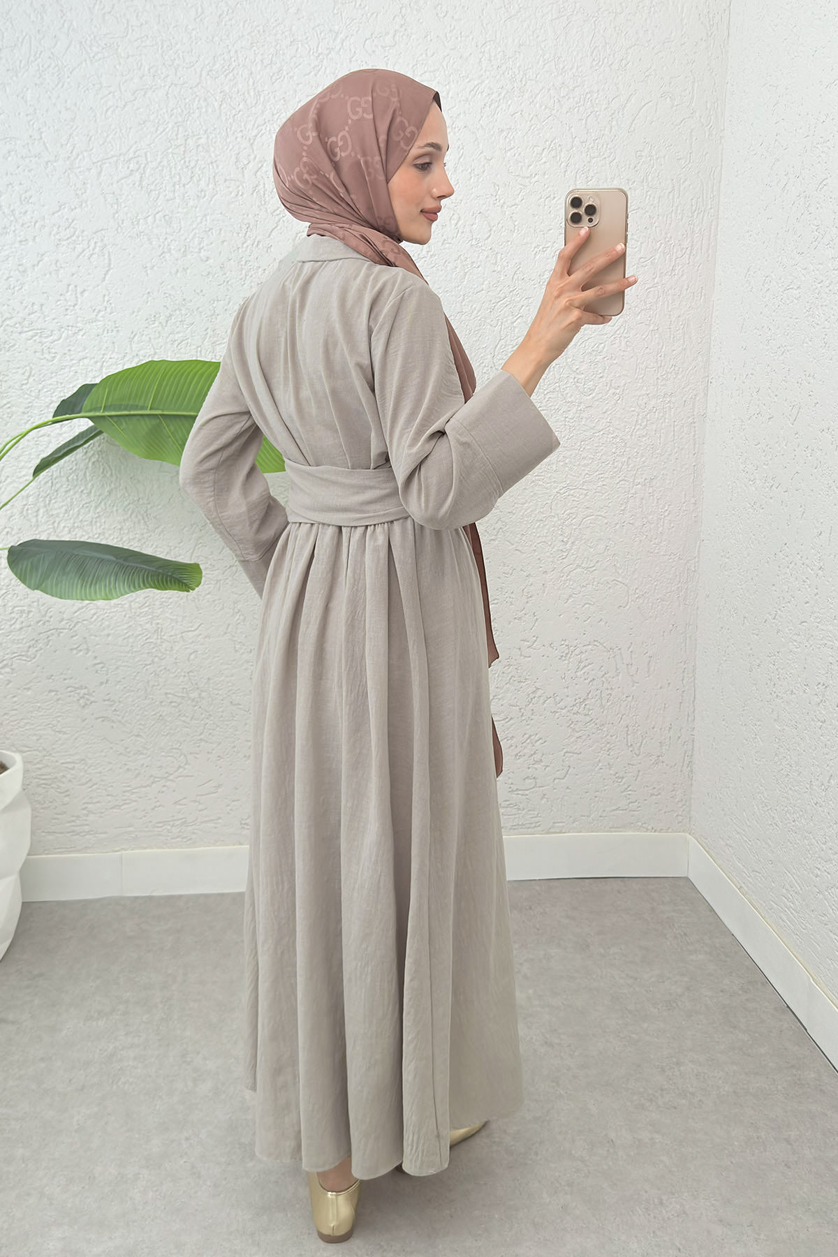 Kuşaklı Çapraz Yaka Elbise 2304 - TAŞ RENGİ |  