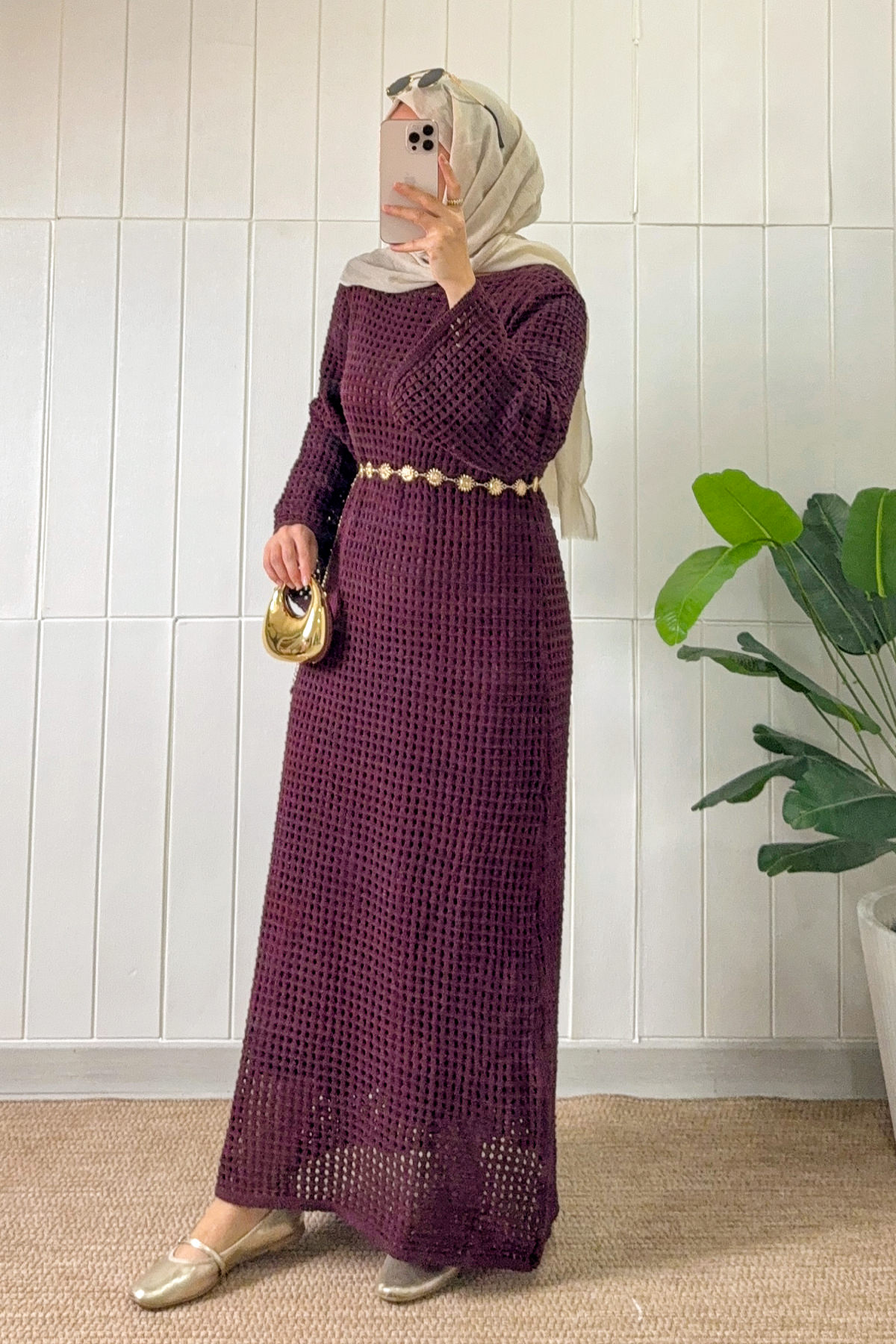 Ajurlu Triko Elbise 070336 - BORDO |  