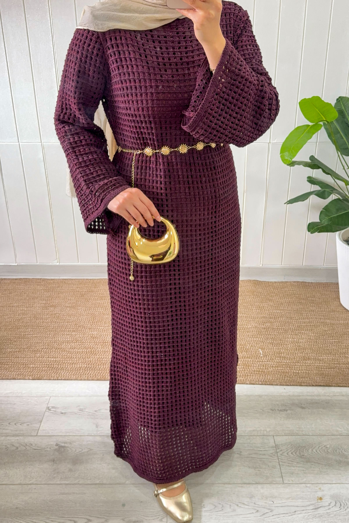 Ajurlu Triko Elbise 070336 - BORDO |  