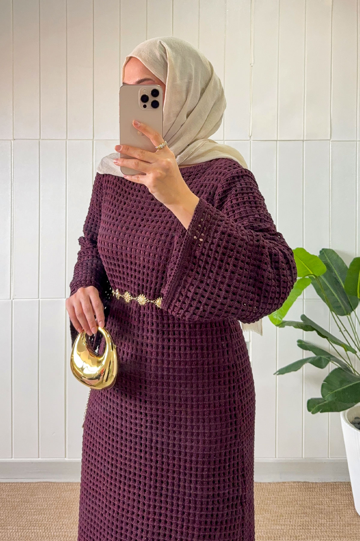 Ajurlu Triko Elbise 070336 - BORDO |  