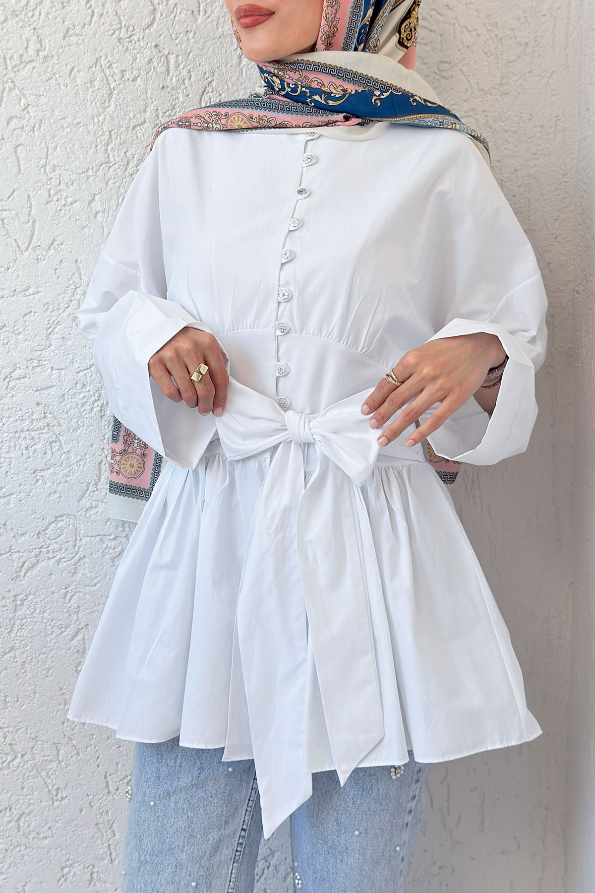 Kuşaklı Kimono Kol Tunik 2343 - BEYAZ |  