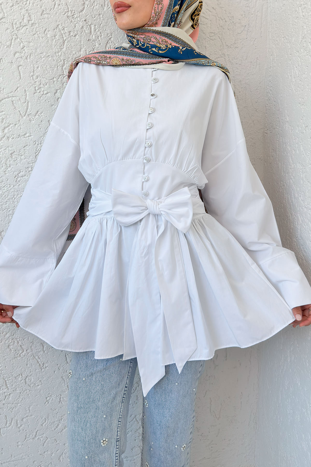 Kuşaklı Kimono Kol Tunik 2343 - BEYAZ |  