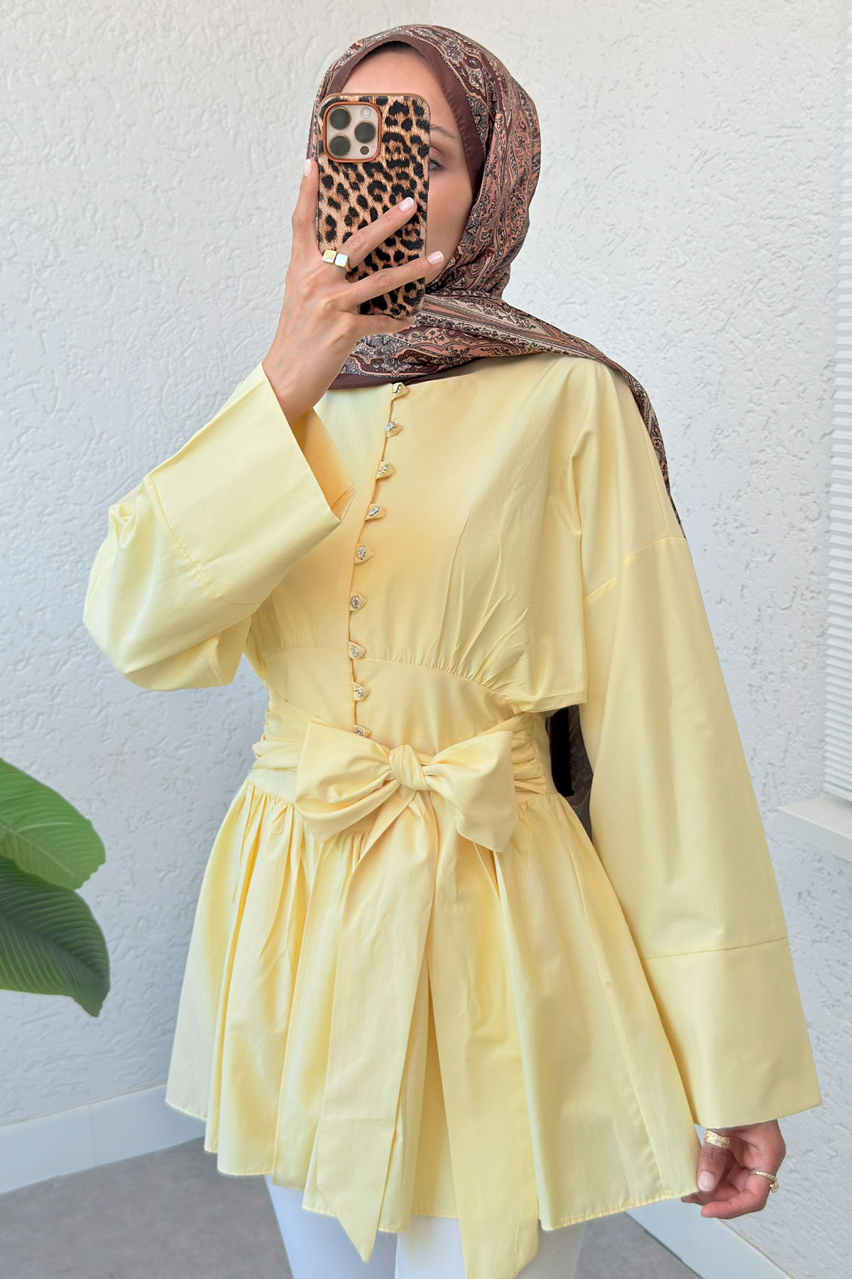 Kuşaklı Kimono Kol Tunik 2343 - SARI |  