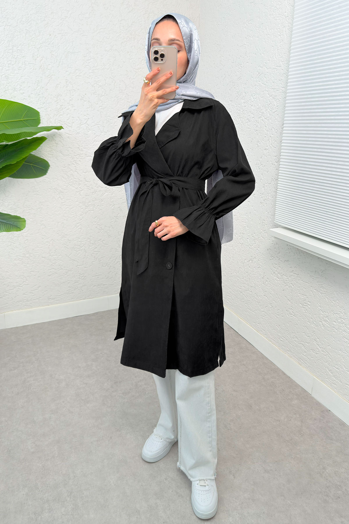Kolları Büzgü Detaylı Trençkot 61509 - SİYAH |  