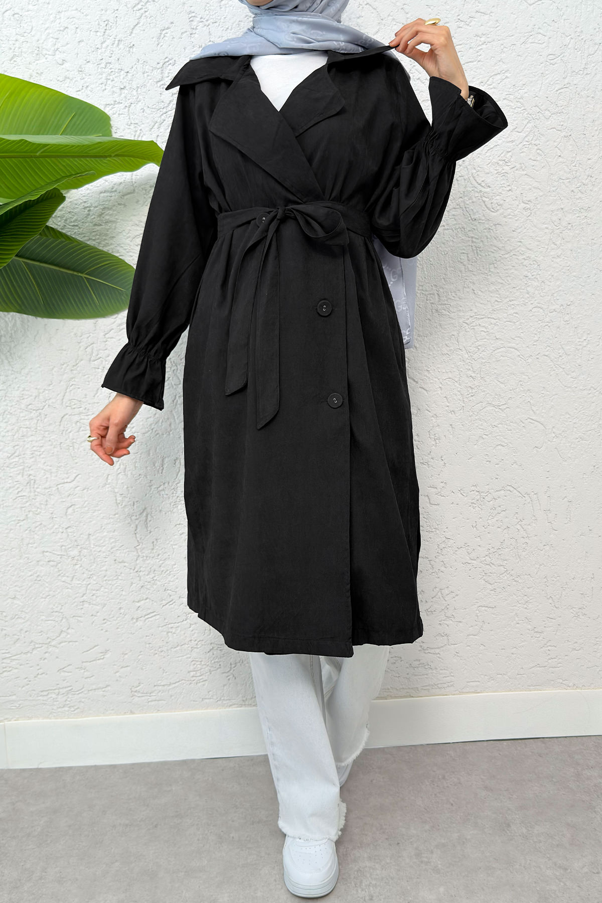 Kolları Büzgü Detaylı Trençkot 61509 - SİYAH |  