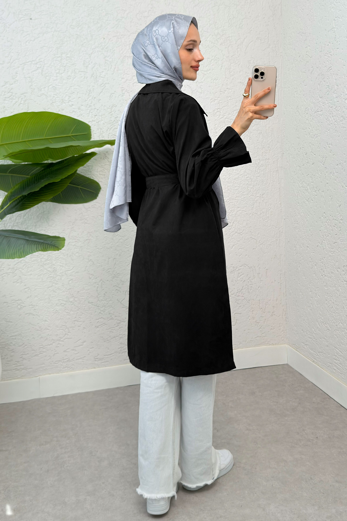 Kolları Büzgü Detaylı Trençkot 61509 - SİYAH |  