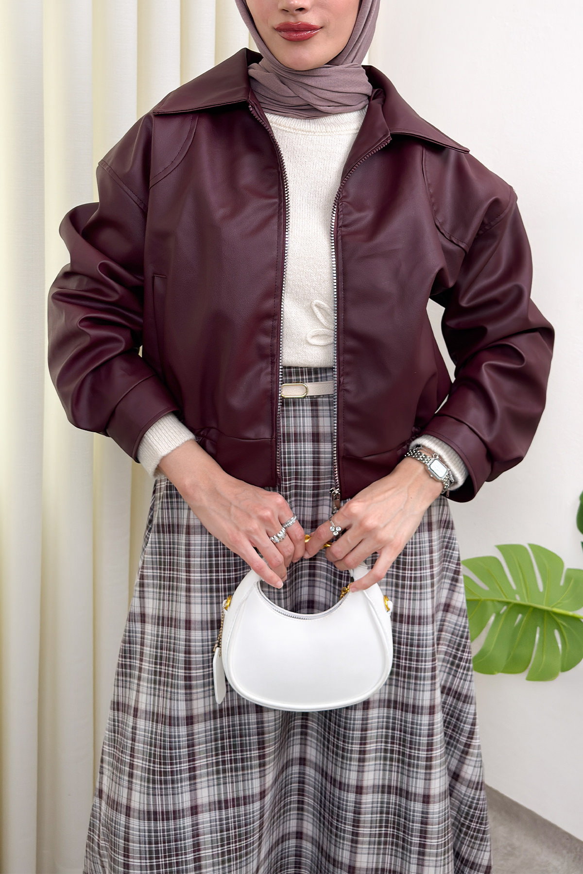 Beli Lastikli Suni Deri Ceket 2016 - BORDO |  