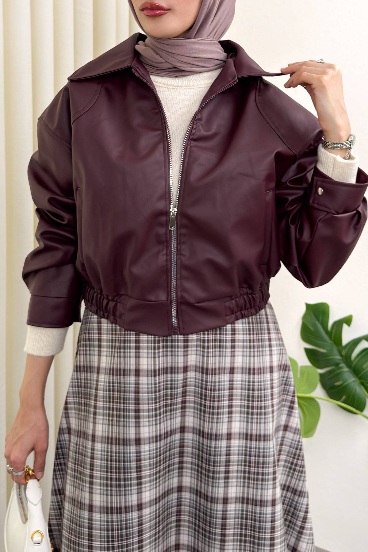 Beli Lastikli Suni Deri Ceket 2016 - BORDO |  