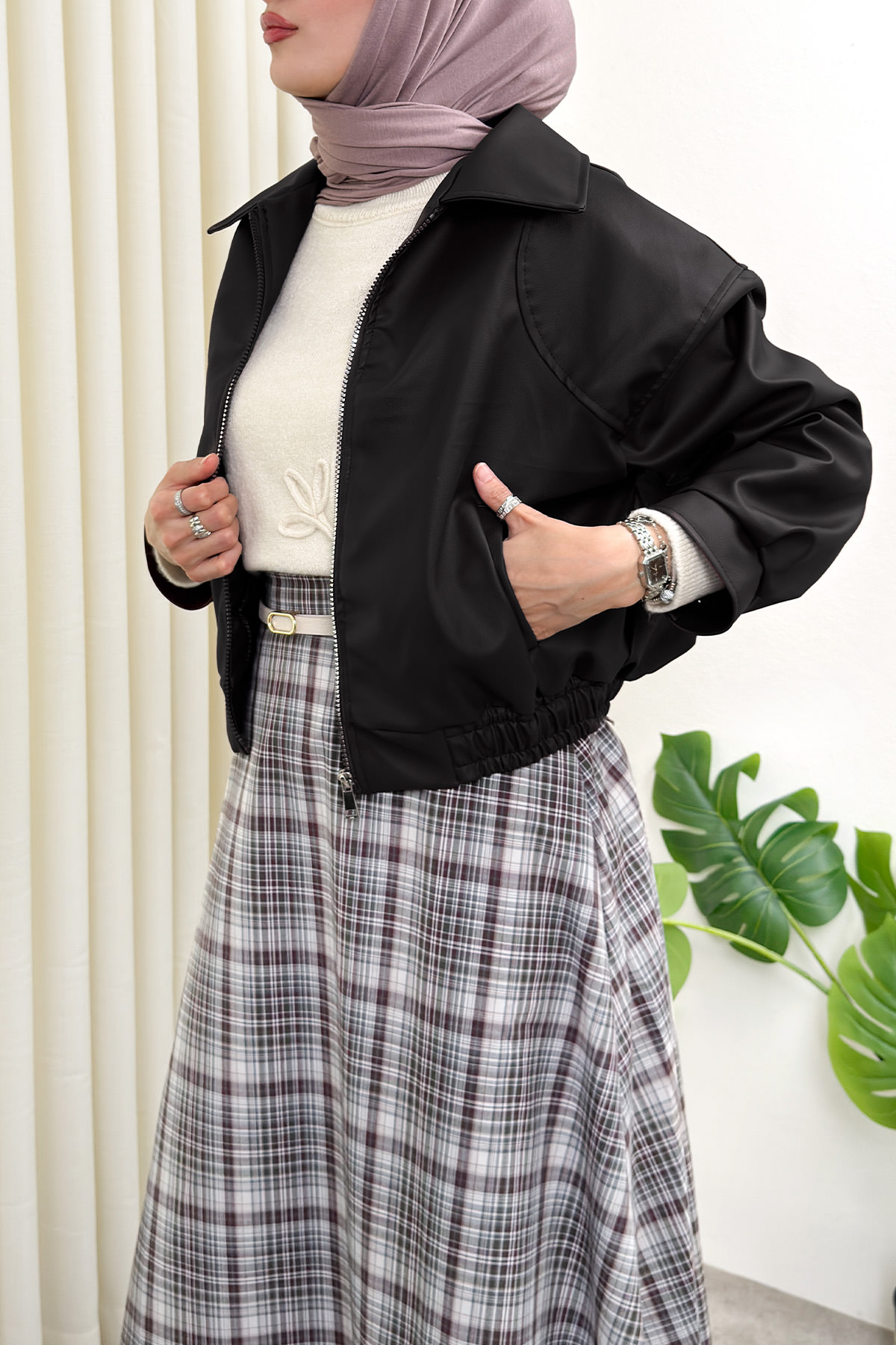 Beli Lastikli Suni Deri Ceket 2016 - SİYAH |  