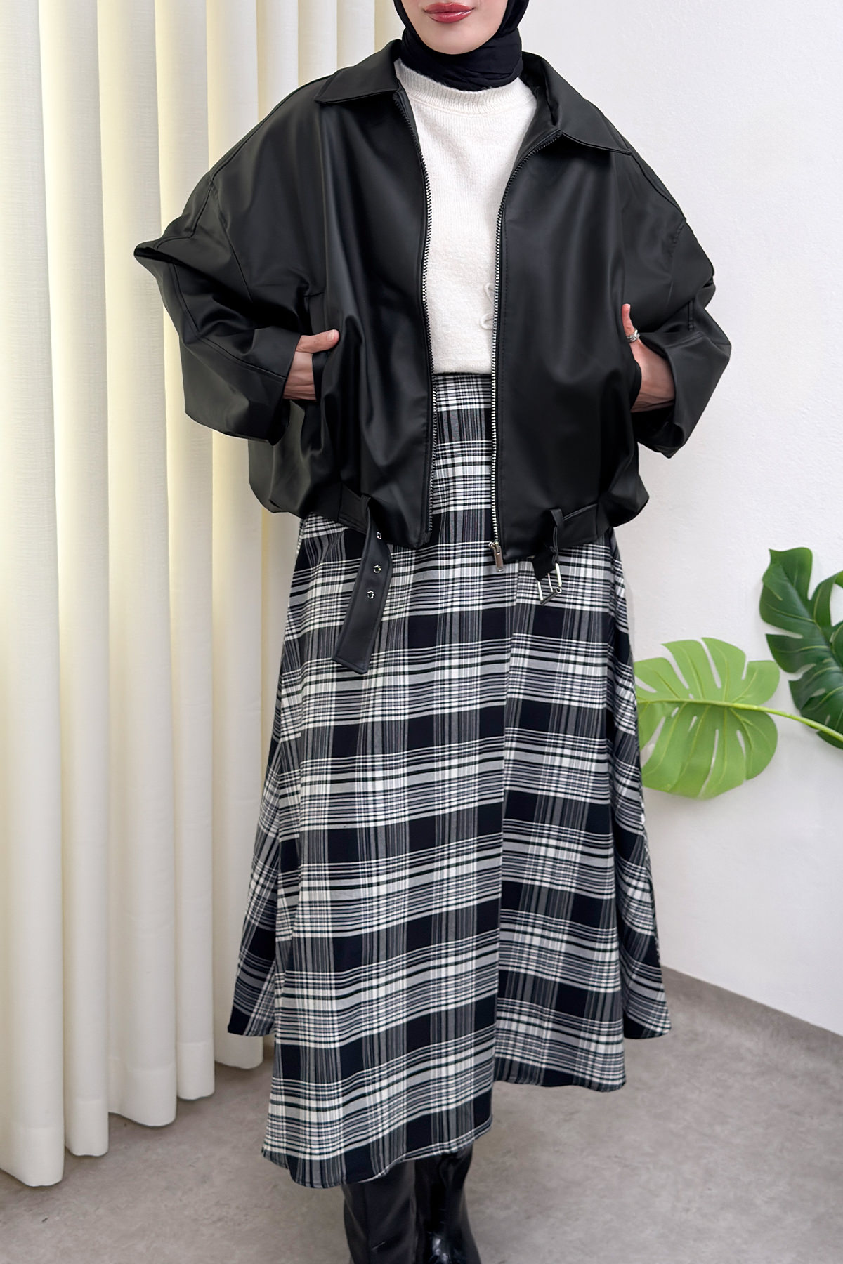 Kemer Detaylı Bomber Suni Deri Ceket 2017 - SİYAH |  