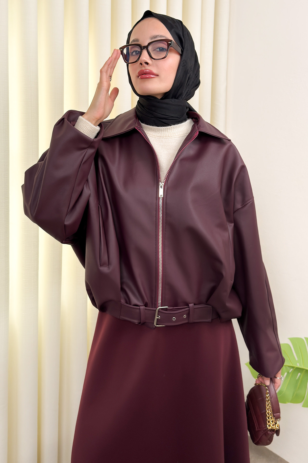 Kemer Detaylı Bomber Suni Deri Ceket 2017 - BORDO |  