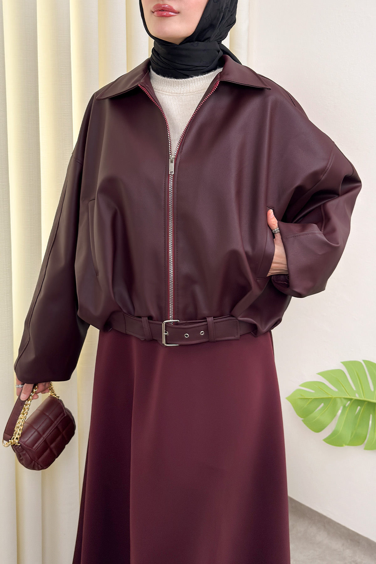 Kemer Detaylı Bomber Suni Deri Ceket 2017 - BORDO |  