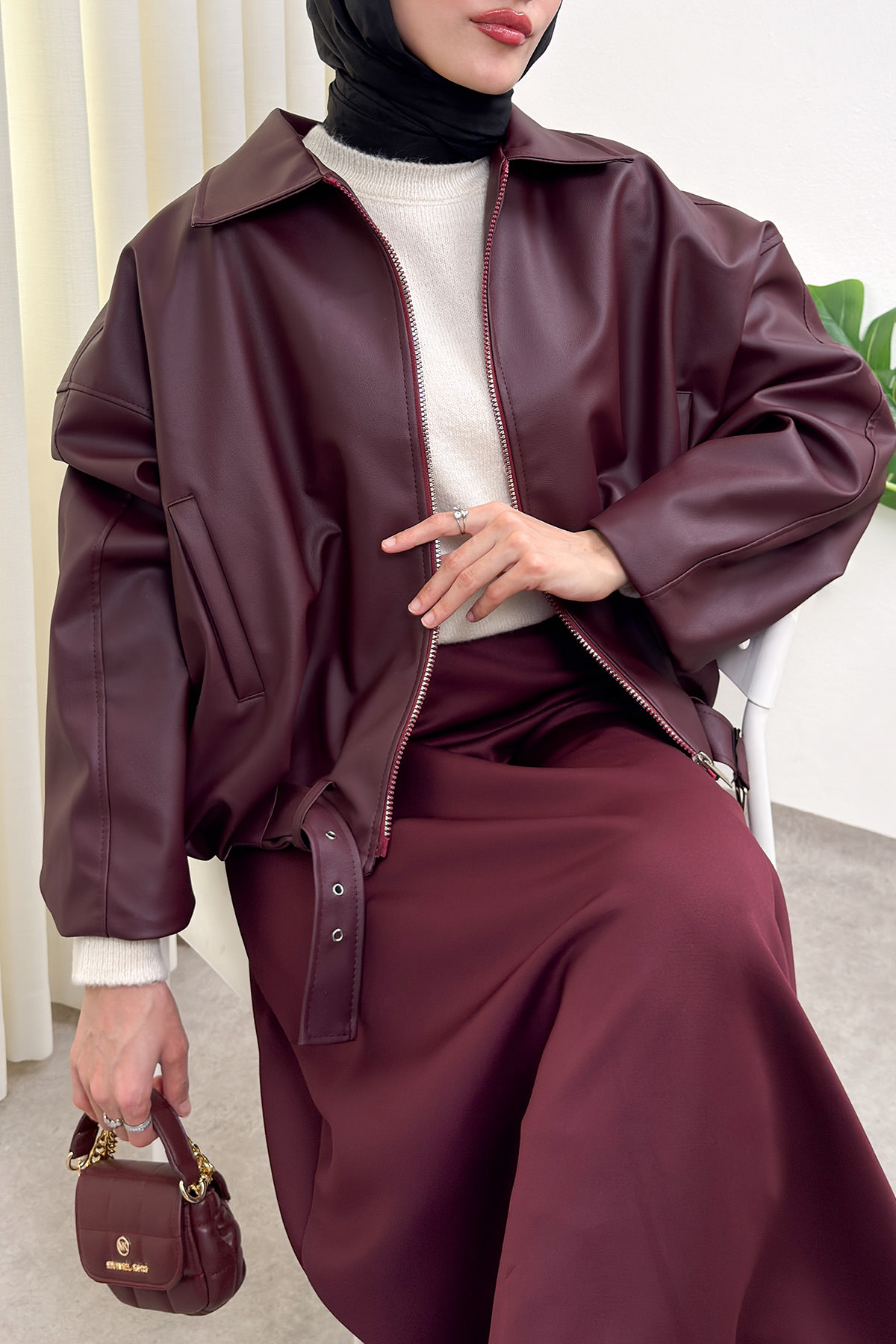 Kemer Detaylı Bomber Suni Deri Ceket 2017 - BORDO |  