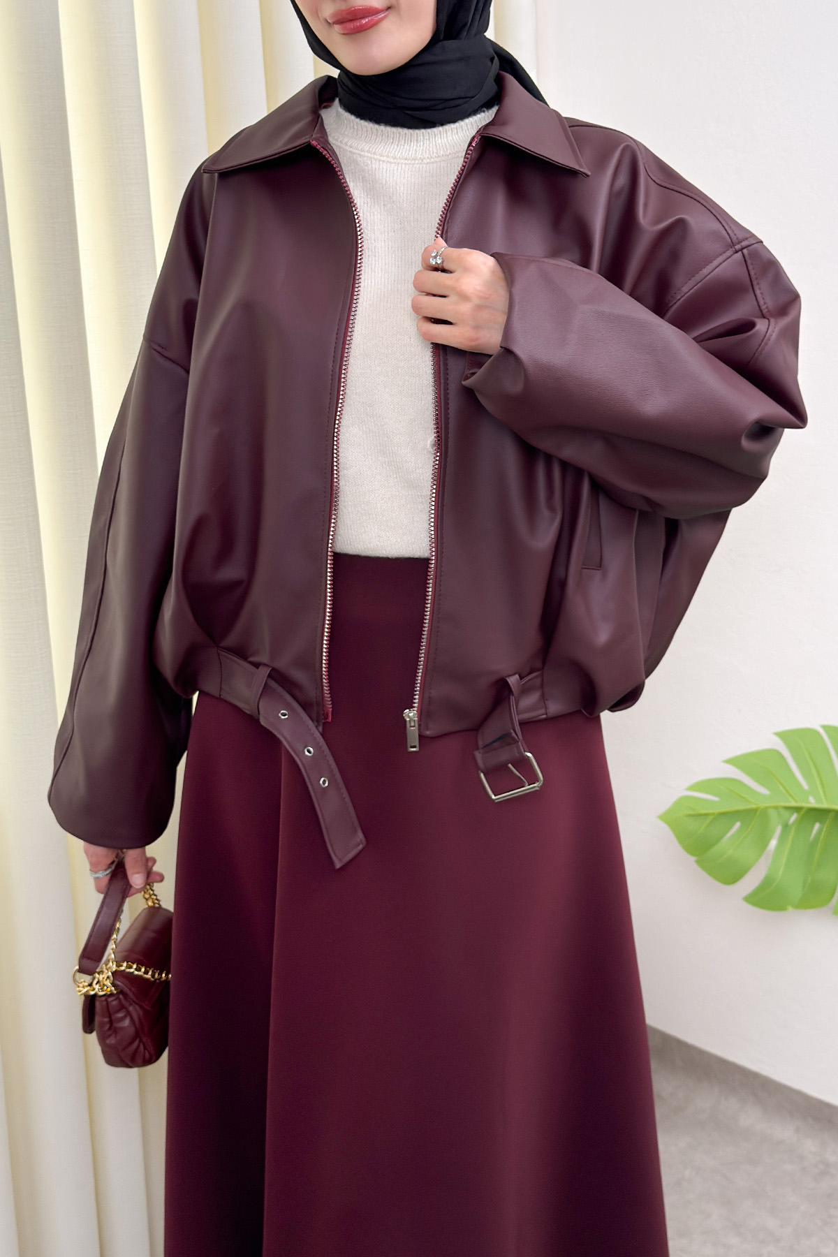 Kemer Detaylı Bomber Suni Deri Ceket 2017 - BORDO |  