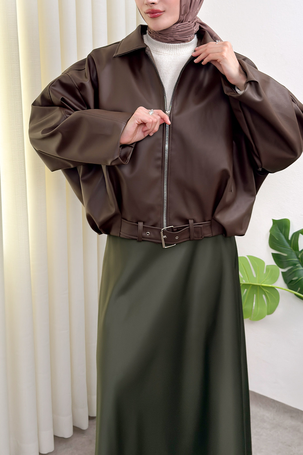 Kemer Detaylı Bomber Suni Deri Ceket 2017 - KAHVERENGİ |  