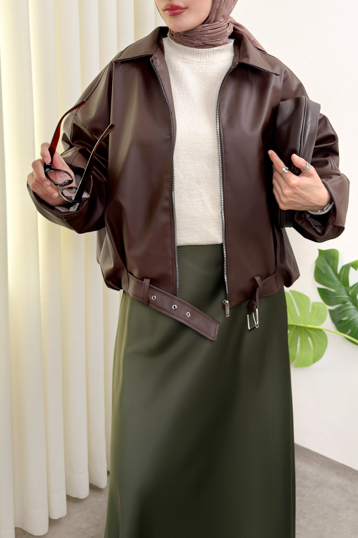 Kemer Detaylı Bomber Suni Deri Ceket 2017 - KAHVERENGİ |  