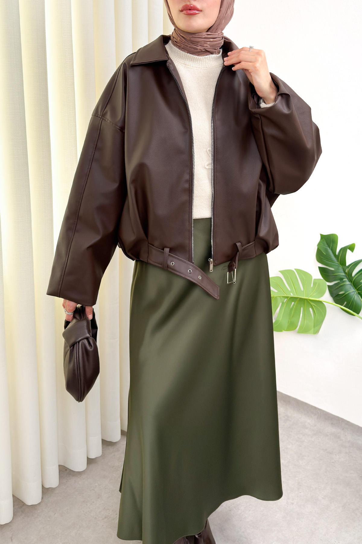 Kemer Detaylı Bomber Suni Deri Ceket 2017 - KAHVERENGİ |  