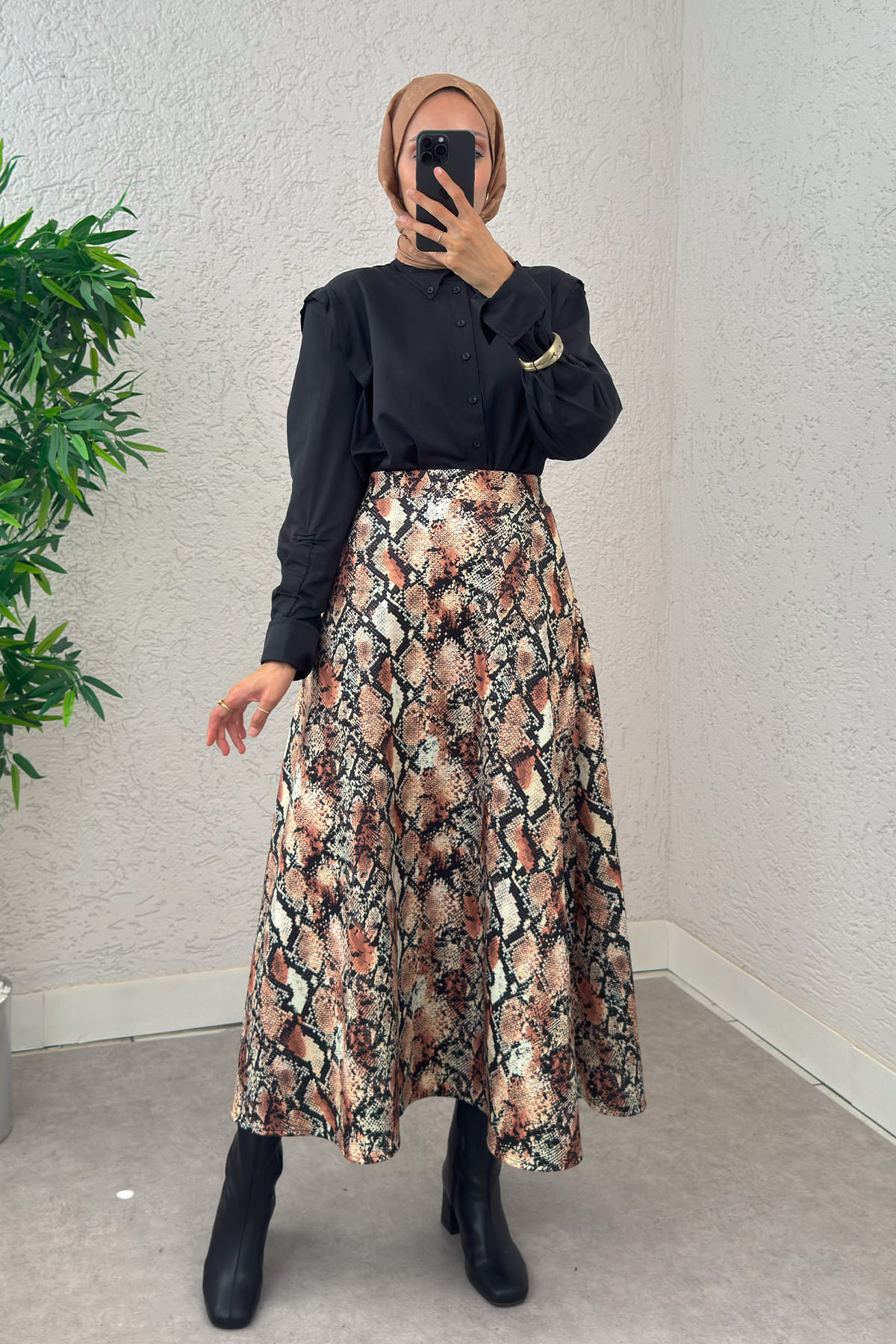 Fütüristik Desen Scuba Etek 2019 - BEJ |  