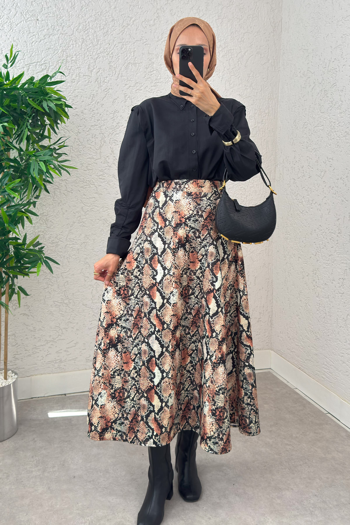 Fütüristik Desen Scuba Etek 2019 - BEJ |  