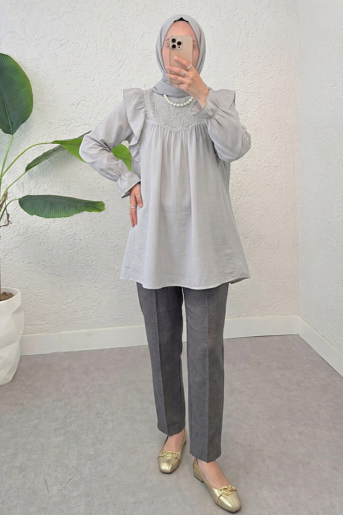 Omuz Fırfır Detaylı Tunik 2044 - GRİ |  