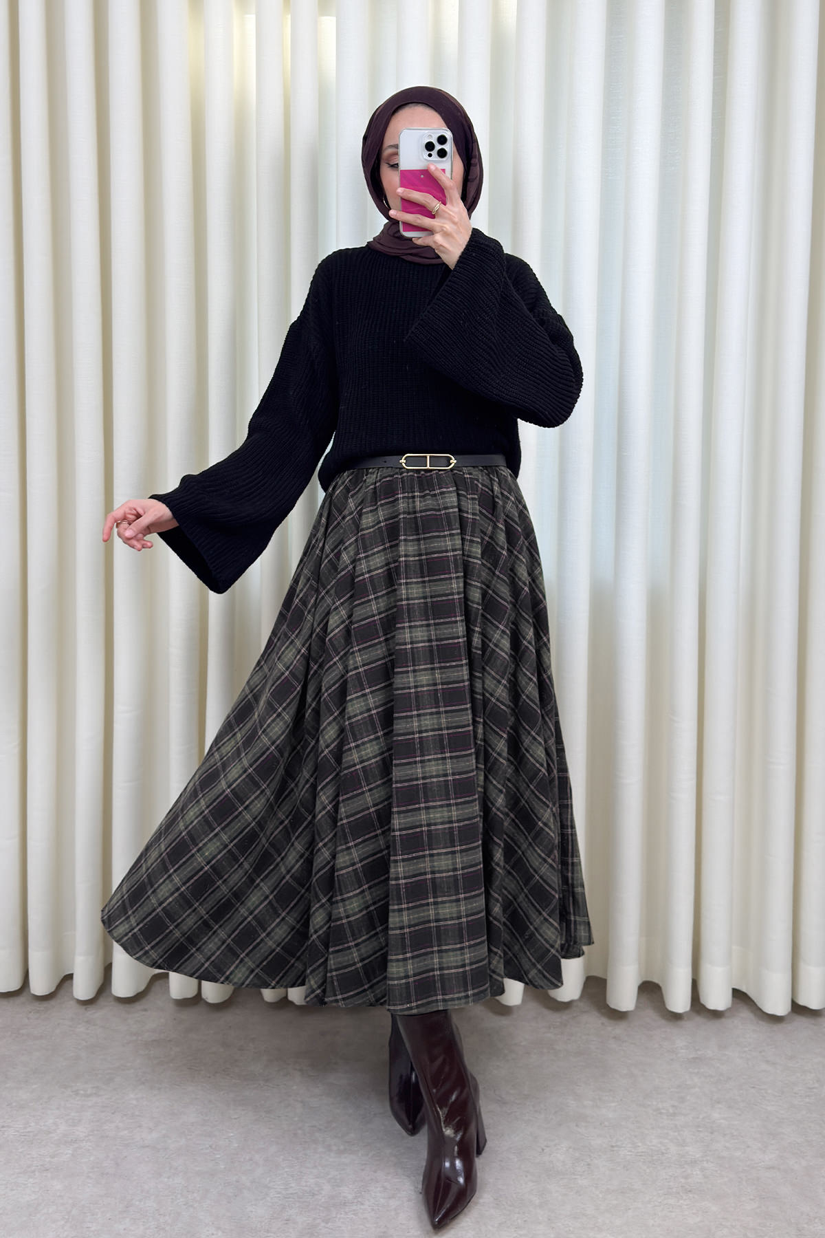 Kloş Ekoseli Etek 2045 - HAKİ |  