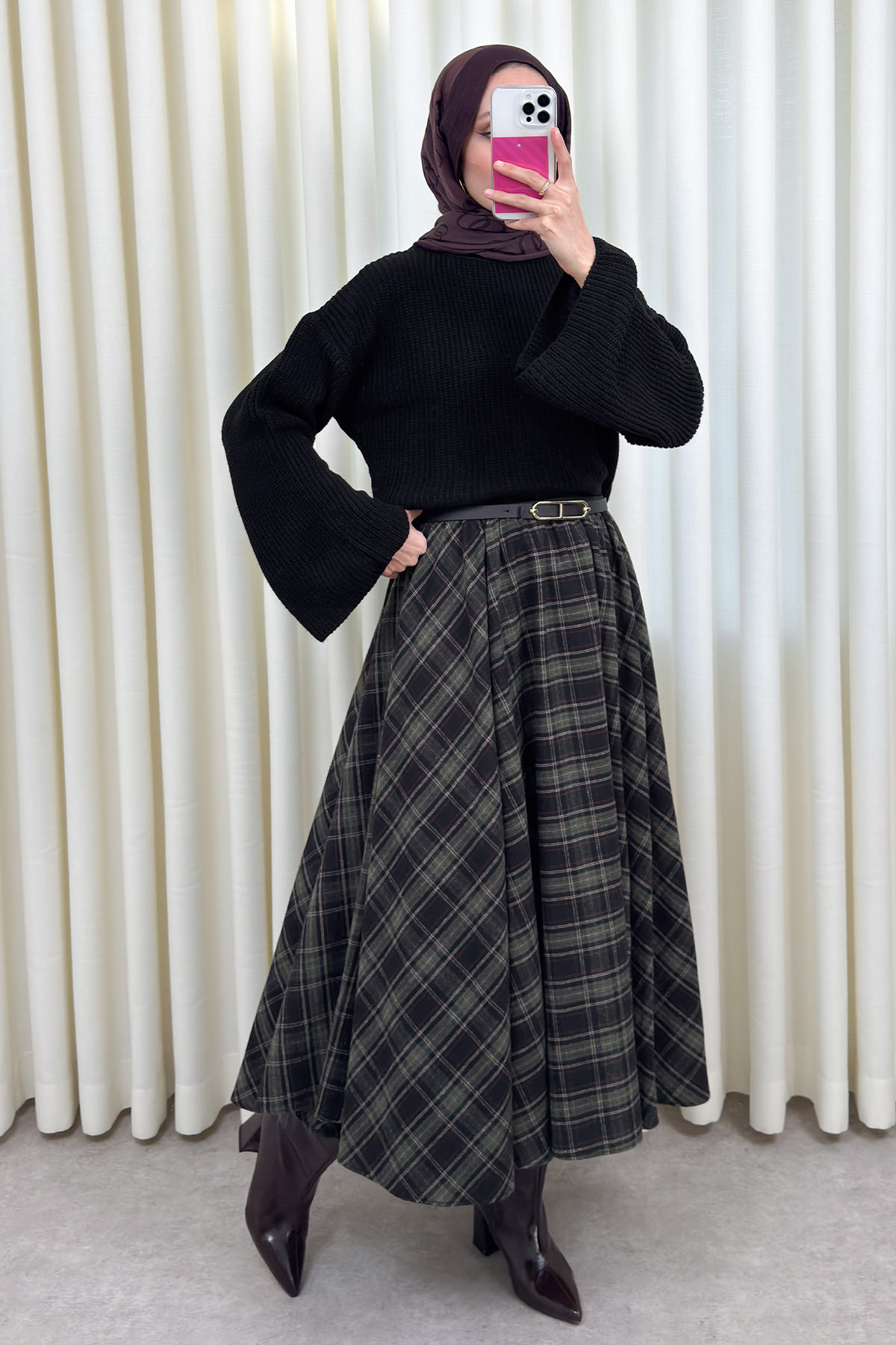 Kloş Ekoseli Etek 2045 - HAKİ |  