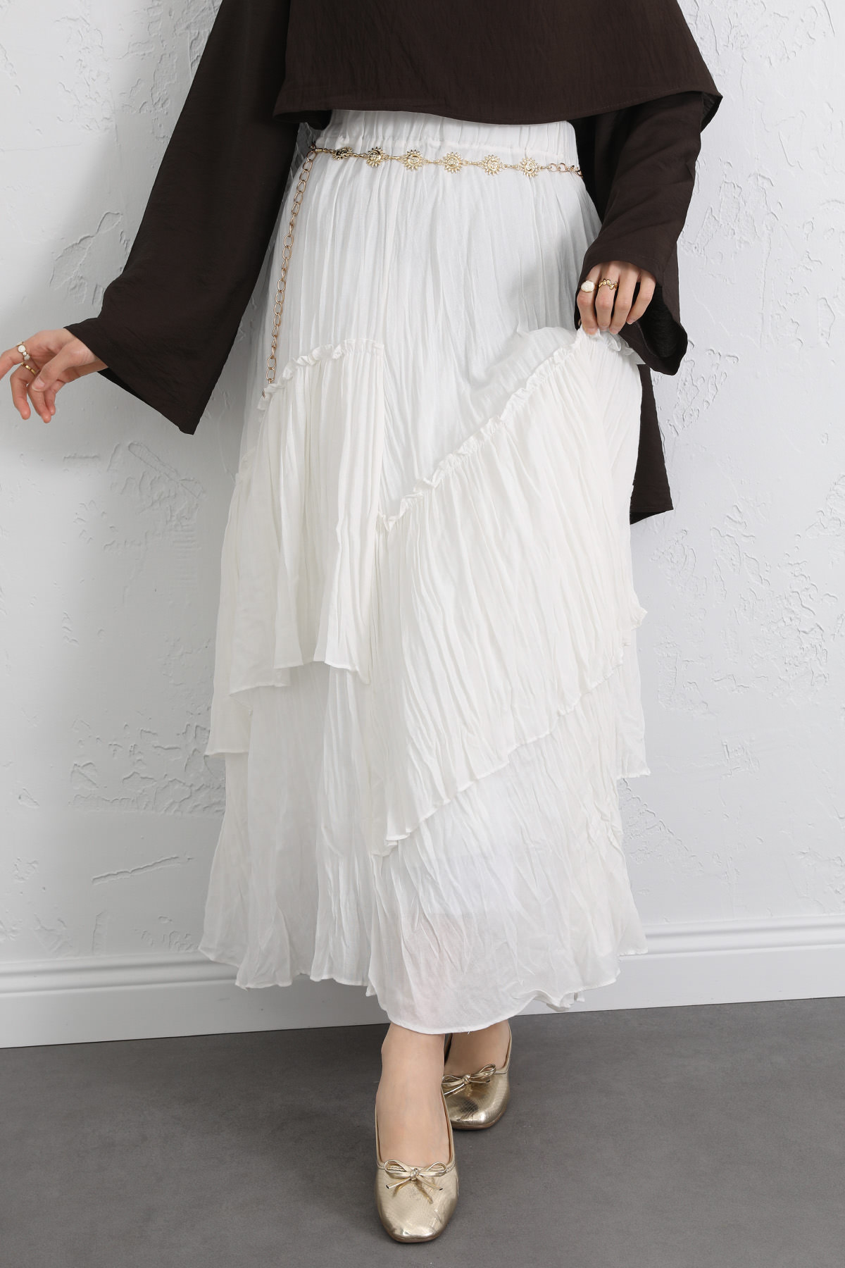 Lastik Bel Katlı Kraş Etek 2057 - BEYAZ |  