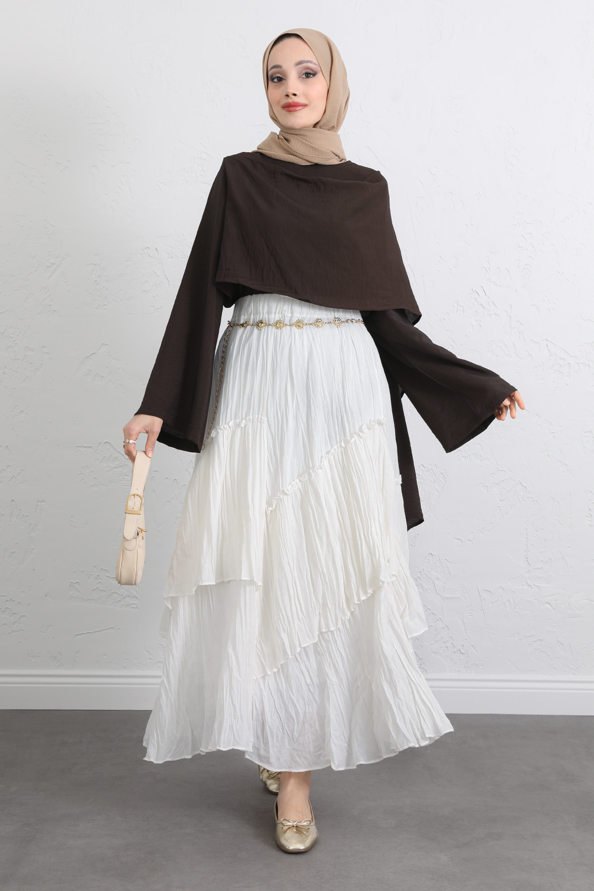 Lastik Bel Katlı Kraş Etek 2057 - BEYAZ |  