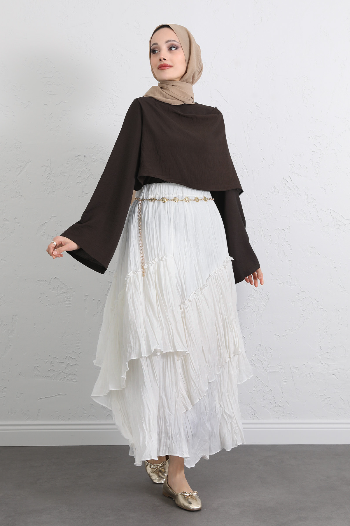 Lastik Bel Katlı Kraş Etek 2057 - BEYAZ |  