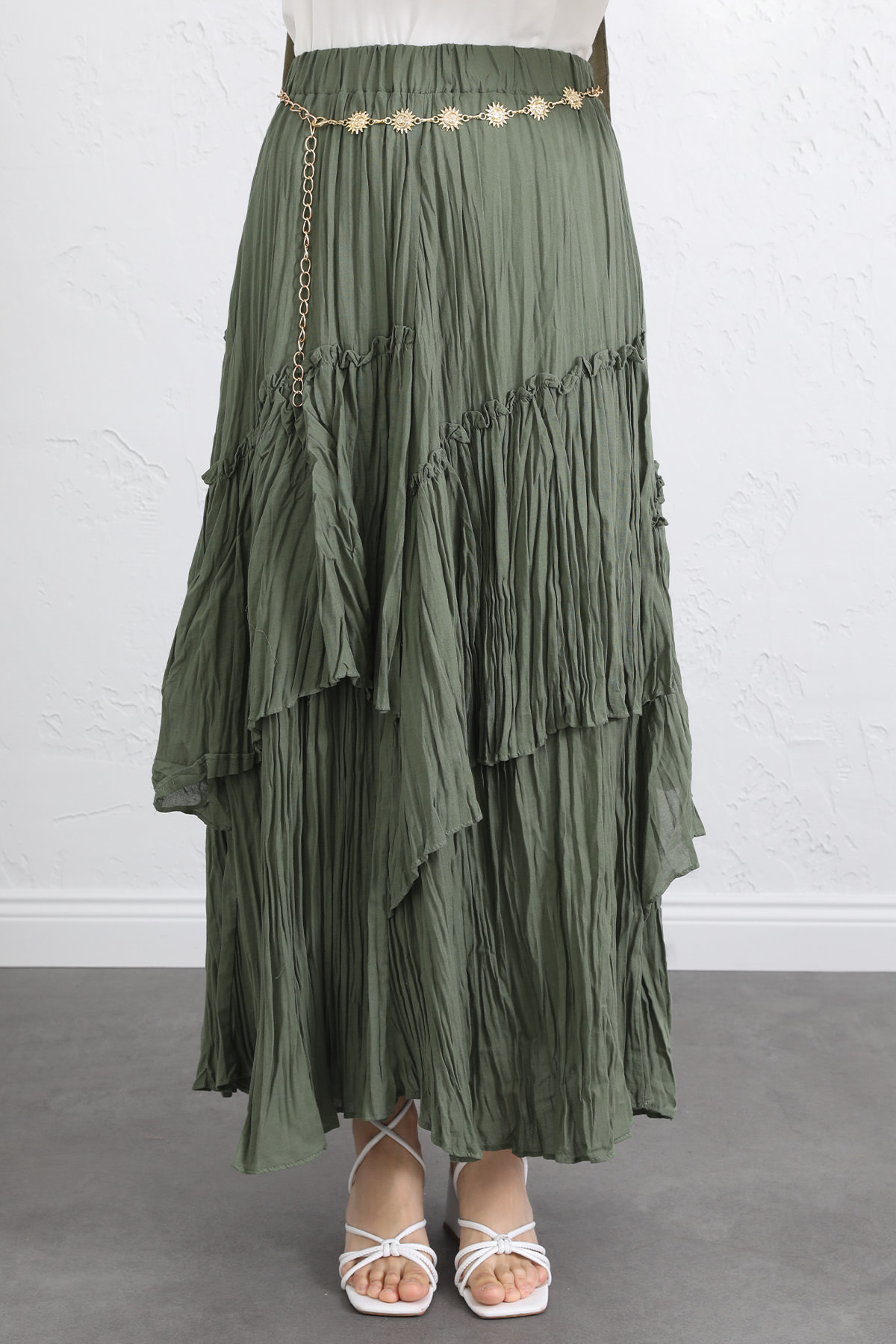 Lastik Bel Katlı Kraş Etek 2057 - HAKİ |  