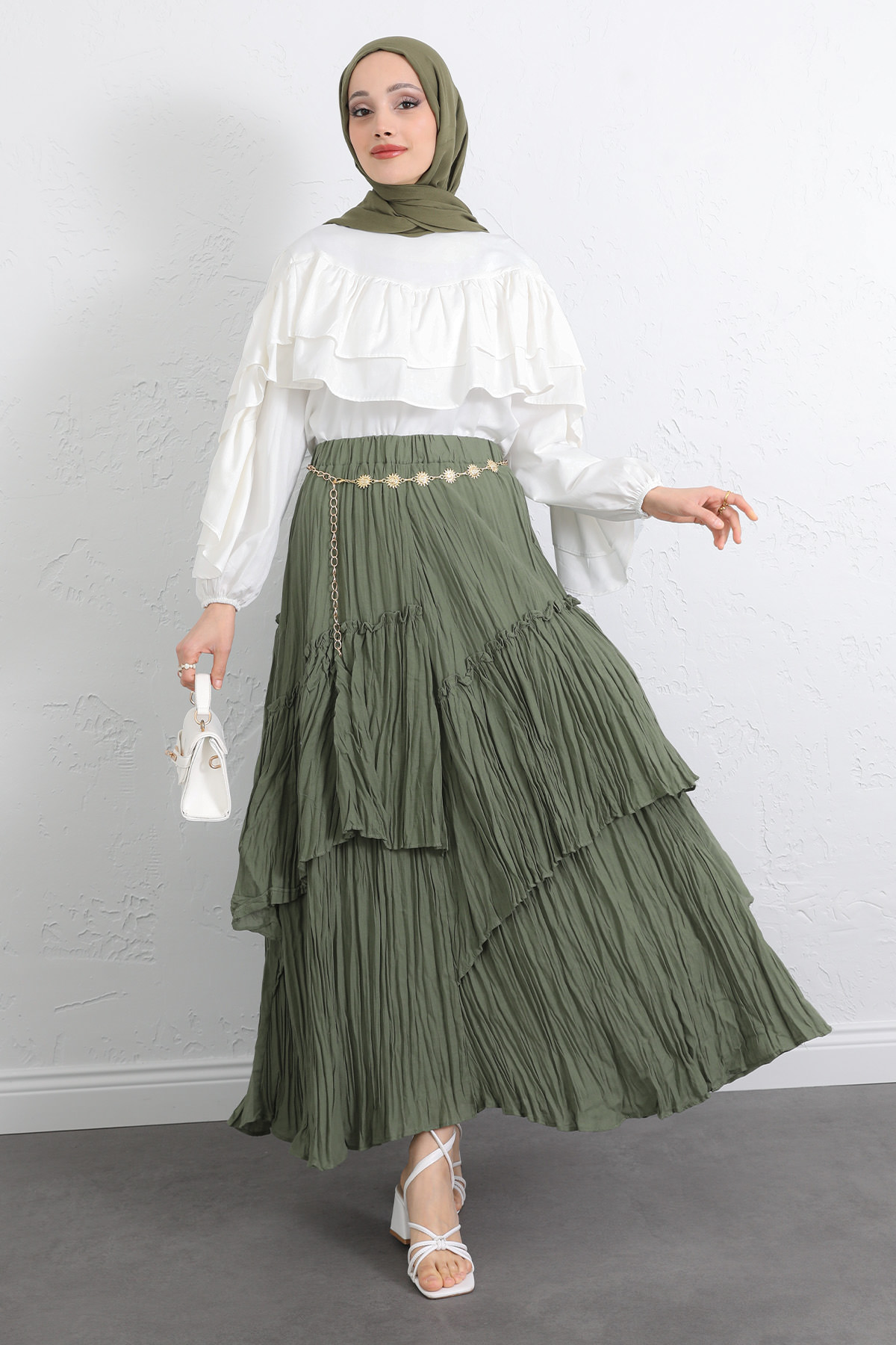 Lastik Bel Katlı Kraş Etek 2057 - HAKİ |  