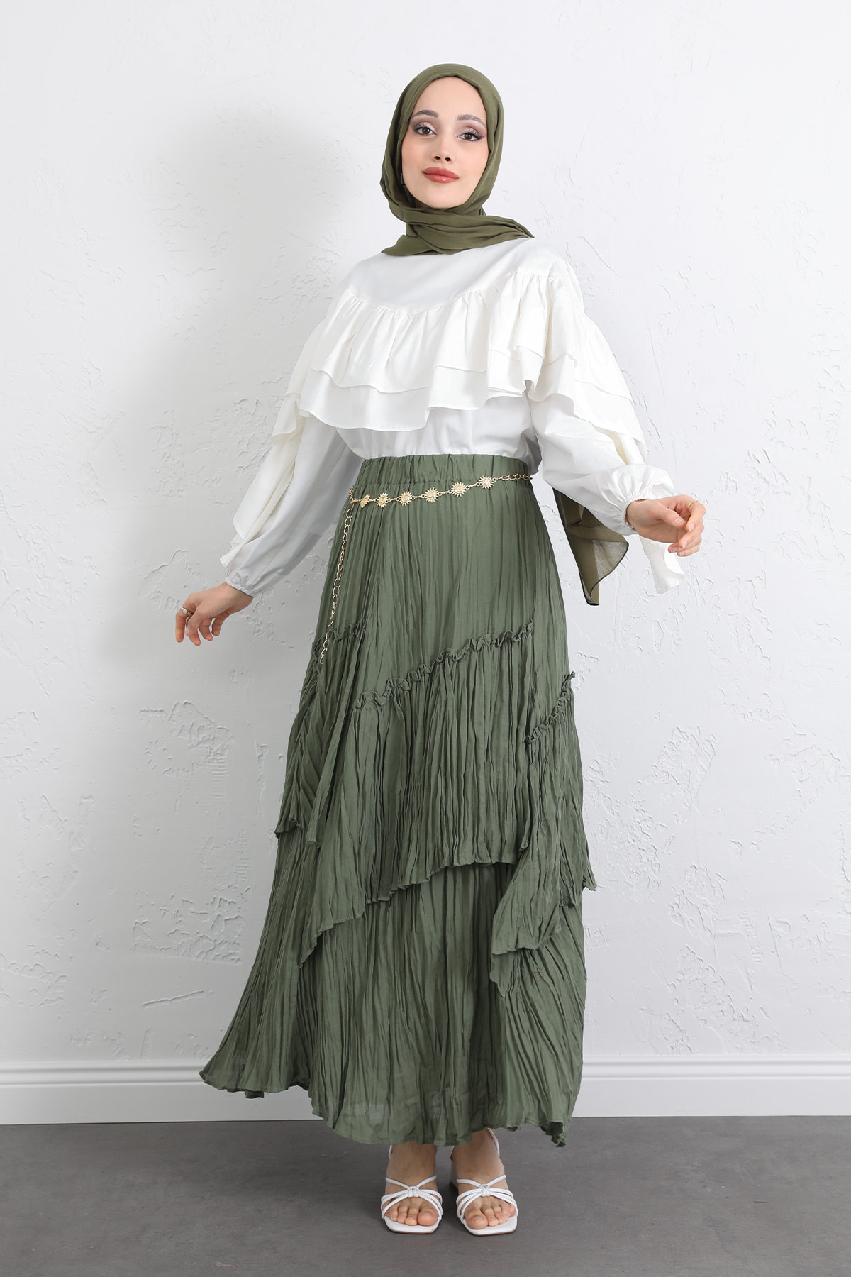 Lastik Bel Katlı Kraş Etek 2057 - HAKİ |  