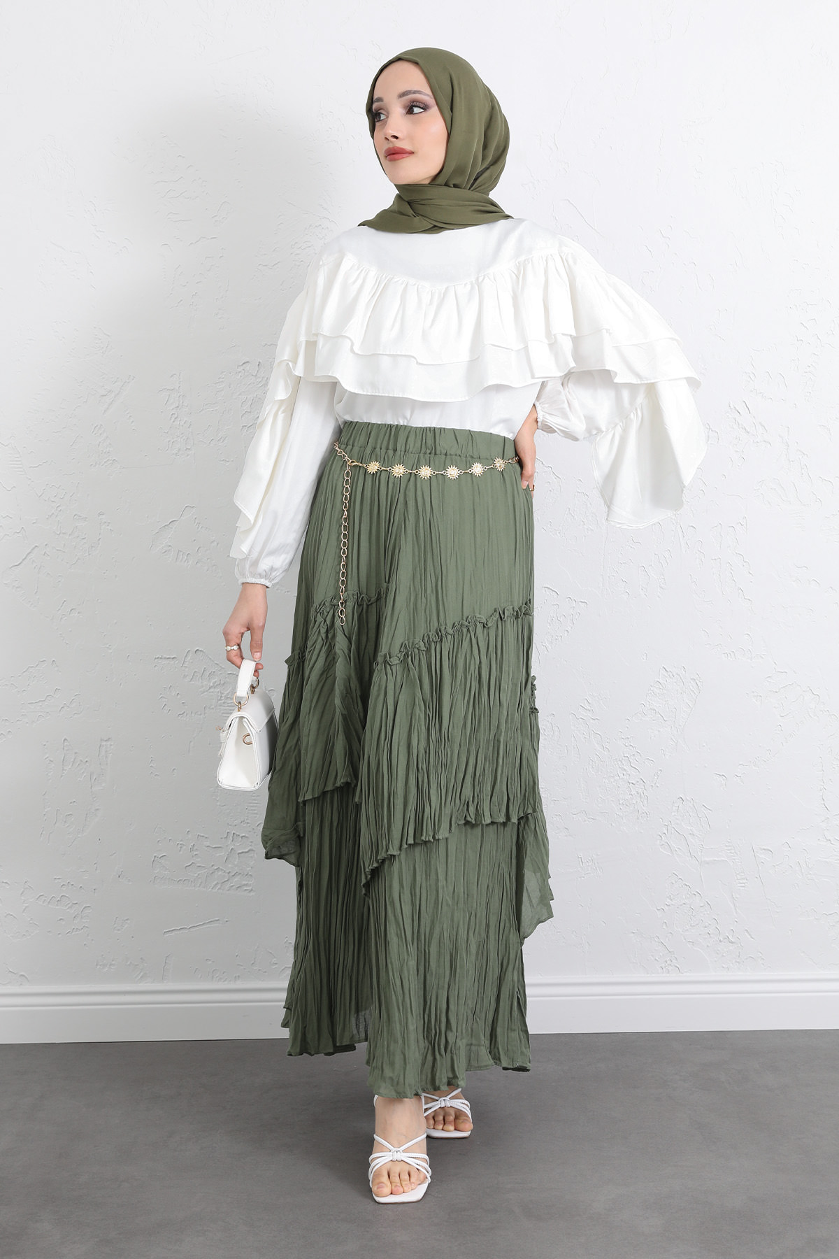 Lastik Bel Katlı Kraş Etek 2057 - HAKİ |  