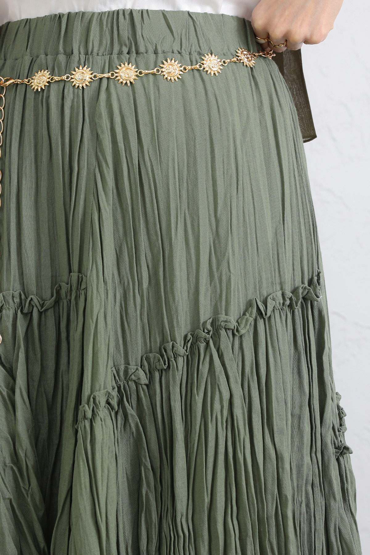 Lastik Bel Katlı Kraş Etek 2057 - HAKİ |  