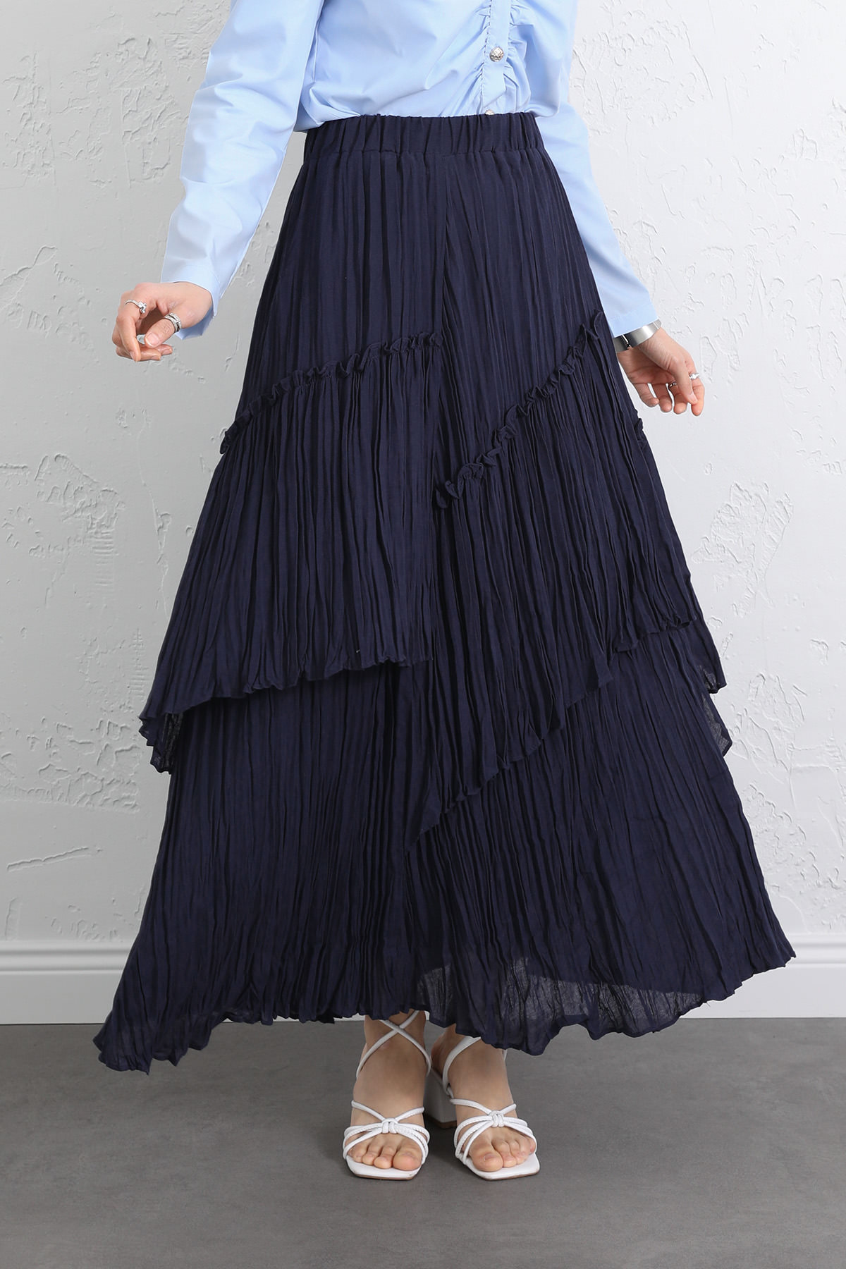 Lastik Bel Katlı Kraş Etek 2057 - LACİVERT |  