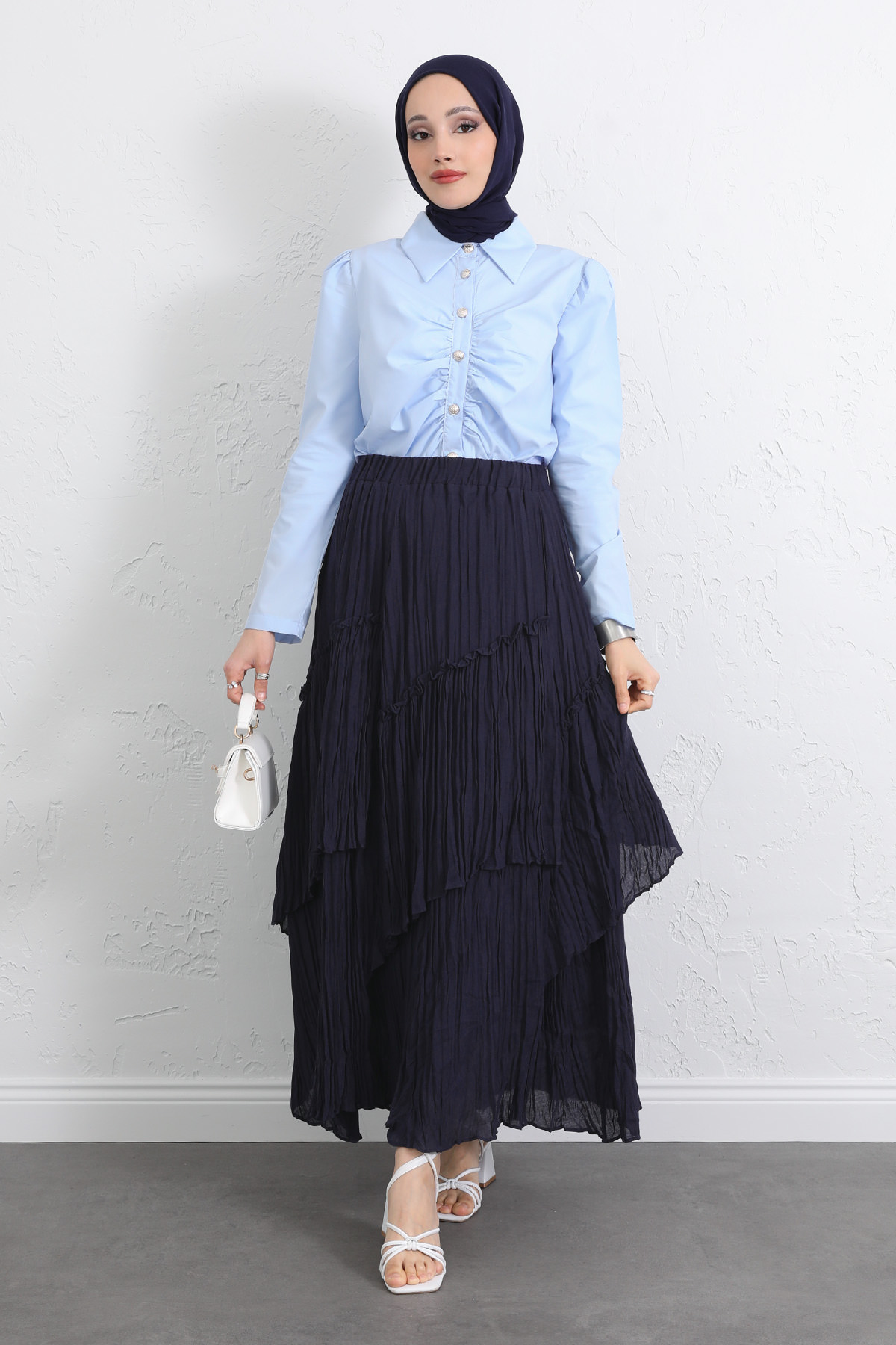 Lastik Bel Katlı Kraş Etek 2057 - LACİVERT |  